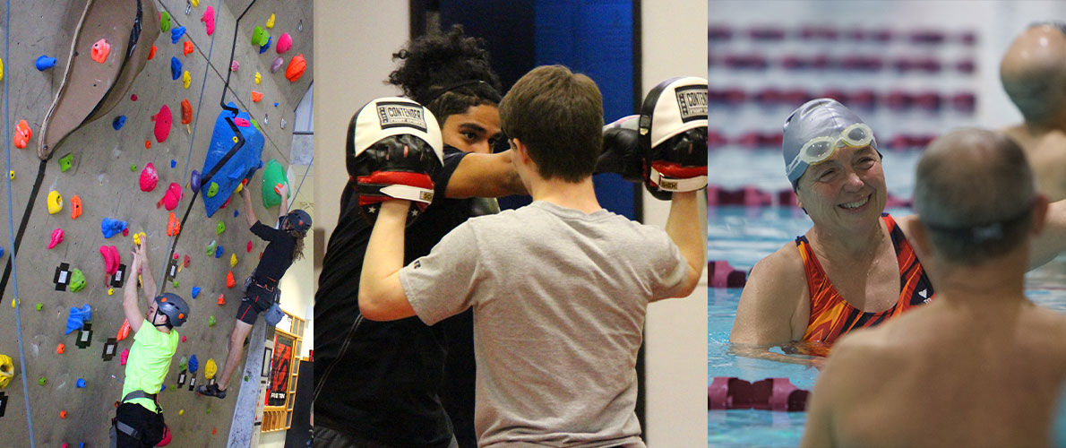 Collage of Climbing Wall, Boxing Class and Swimming at the SIU Rec